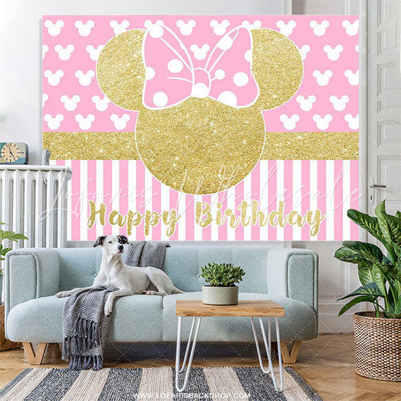 Lofaris Bow Tie Pink Mouse Happy Birthday Backdrop for Girl