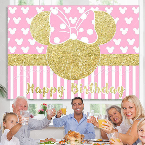 Lofaris Bow Tie Pink Mouse Happy Birthday Backdrop for Girl