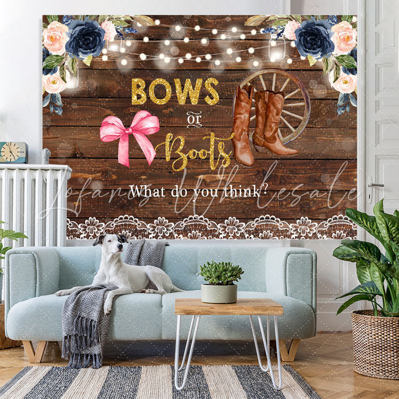 Lofaris Bows Or Boots Floral Rustic Wood Baby Shower Backdrop