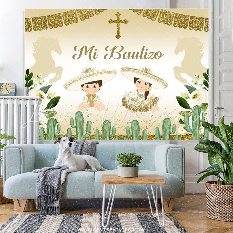 Lofaris Boy And Girl Gold Glitter Mi Bautizo Baby Shower Backdrop
