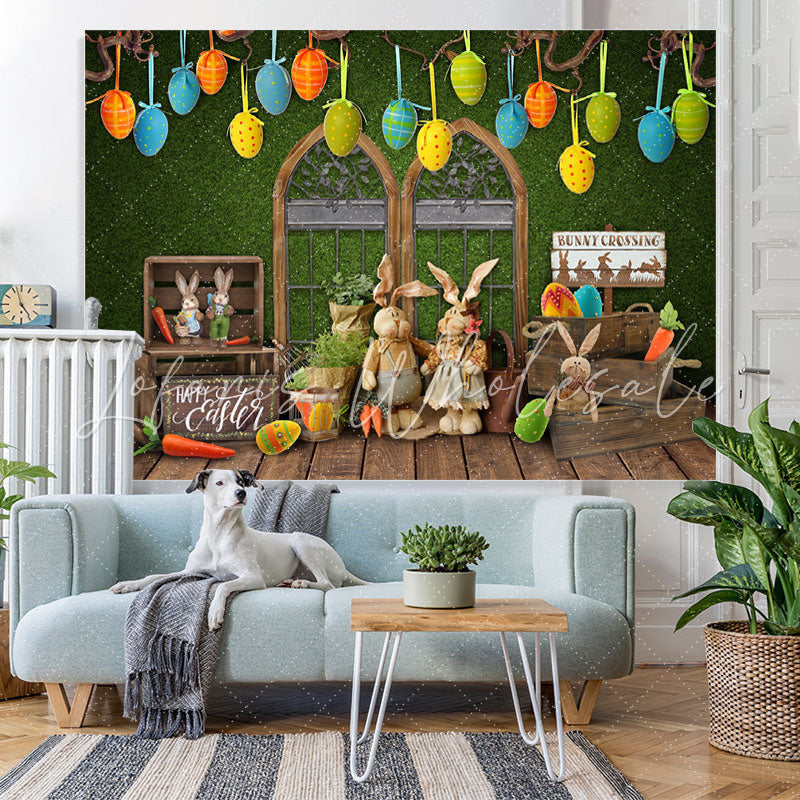 Lofaris Cute Bunny Crossing And Green Wall Wood Backdrop