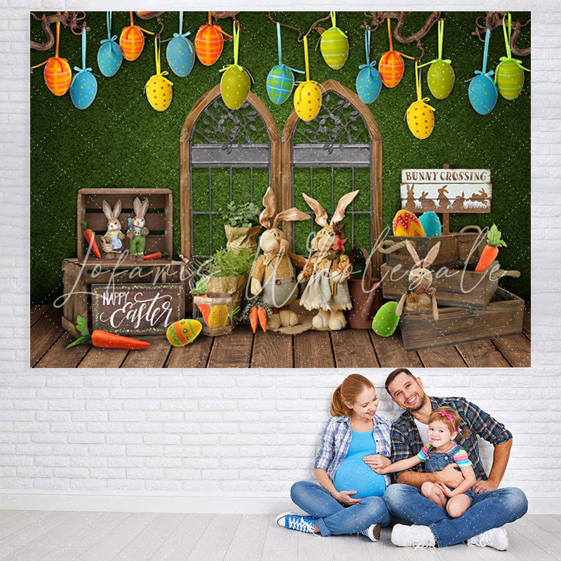 Lofaris Cute Bunny Crossing And Green Wall Wood Backdrop
