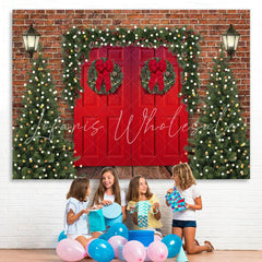 Lofaris Brick Red Door Christmas Tree Lights Wood Floor Backdrop