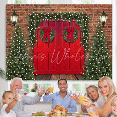 Lofaris Brick Red Door Christmas Tree Lights Wood Floor Backdrop