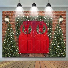 Lofaris Brick Red Door Christmas Tree Lights Wood Floor Backdrop