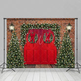 Lofaris Brick Red Door Christmas Tree Lights Wood Floor Backdrop