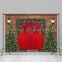 Lofaris Brick Red Door Christmas Tree Lights Wood Floor Backdrop