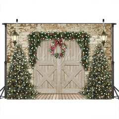 Lofaris Brick Wall And Wood Barn Door Christmas Photo Backdrop