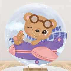 Lofaris Brown Bear And Purple Airplane Round Baby Shower Backdrop
