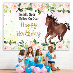 Lofaris Brown horse pink rose happy birthday backdrop for girl
