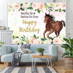 Lofaris Brown horse pink rose happy birthday backdrop for girl