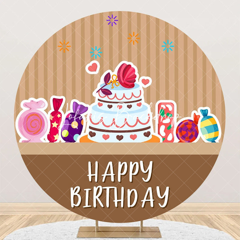 Lofaris Brown Stripe Candyland Cake Round Birthday Backdrop