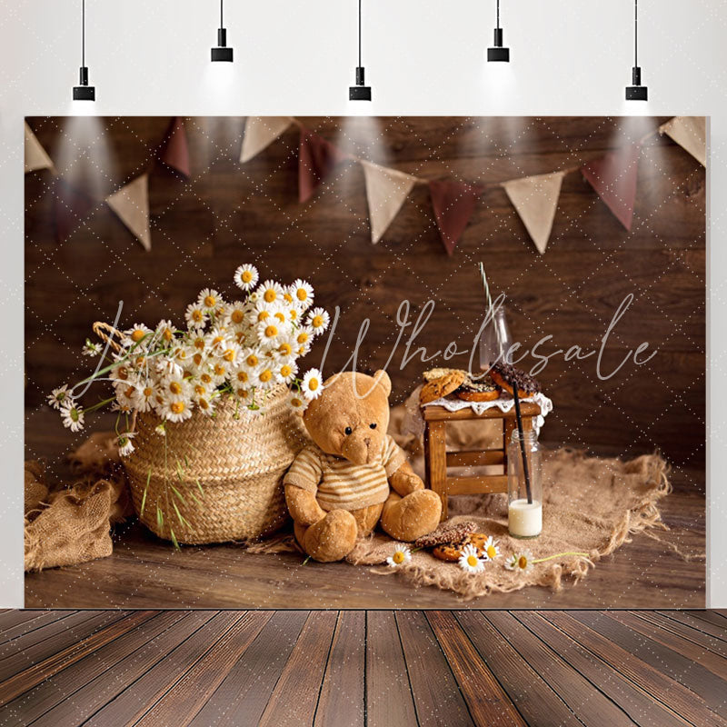 Lofaris Brown Teddy Bear Flowers Wood Birthday Backdrop
