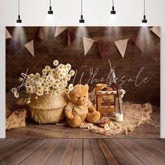 Lofaris Brown Teddy Bear Flowers Wood Birthday Backdrop