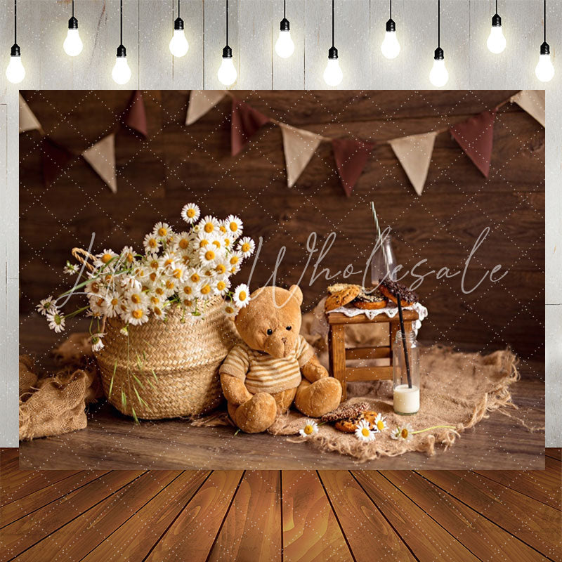 Lofaris Brown Teddy Bear Flowers Wood Birthday Backdrop