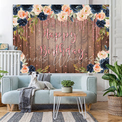 Lofaris Brown wood Flower Glitter Pink Happy Birthday Backdorp