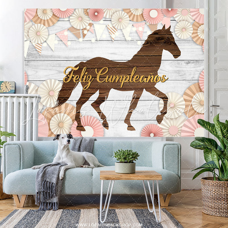 Lofaris Brown Wood Horse With Grey Birthday Party Backdrop