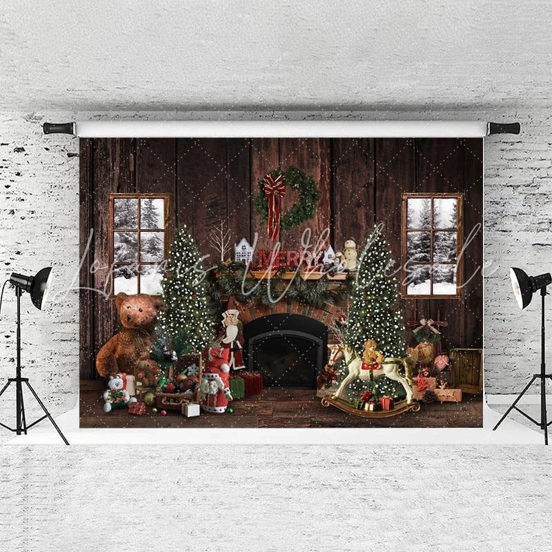 Lofaris Brown Wood House And Teddy Bear Merry Chrismas Backdorp