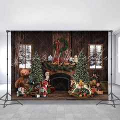 Lofaris Brown Wood House And Teddy Bear Merry Chrismas Backdorp