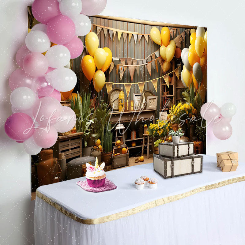 Lofaris Brown Wooden Balloons Farm Happy Birthday Backdrop