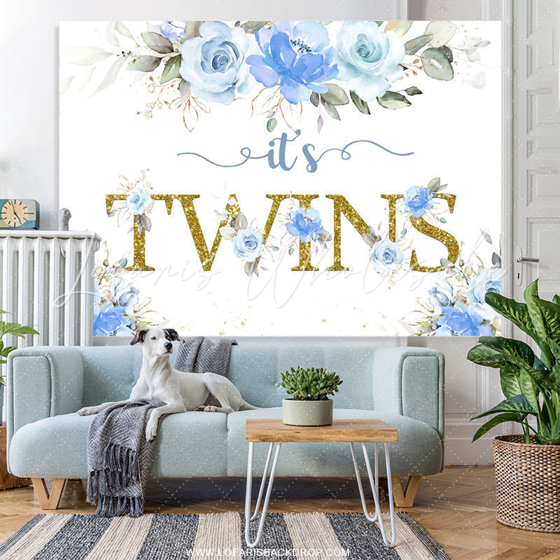 Lofaris Bule Floral Its Twins Cute Simple Baby Shower Backdrop