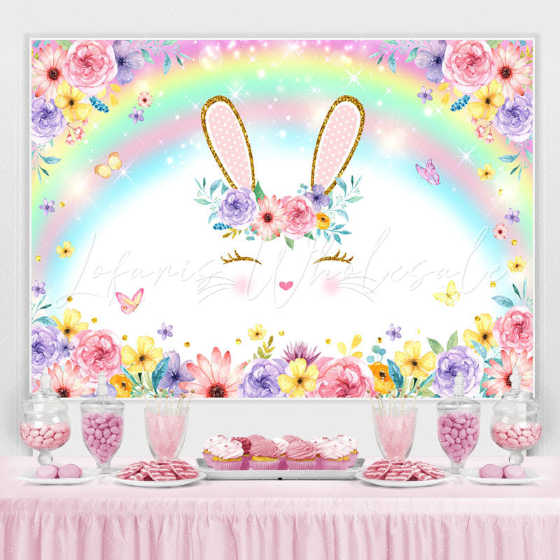 Lofaris Bunny And Colored Rainbow Floral Baby Shower Backdrop