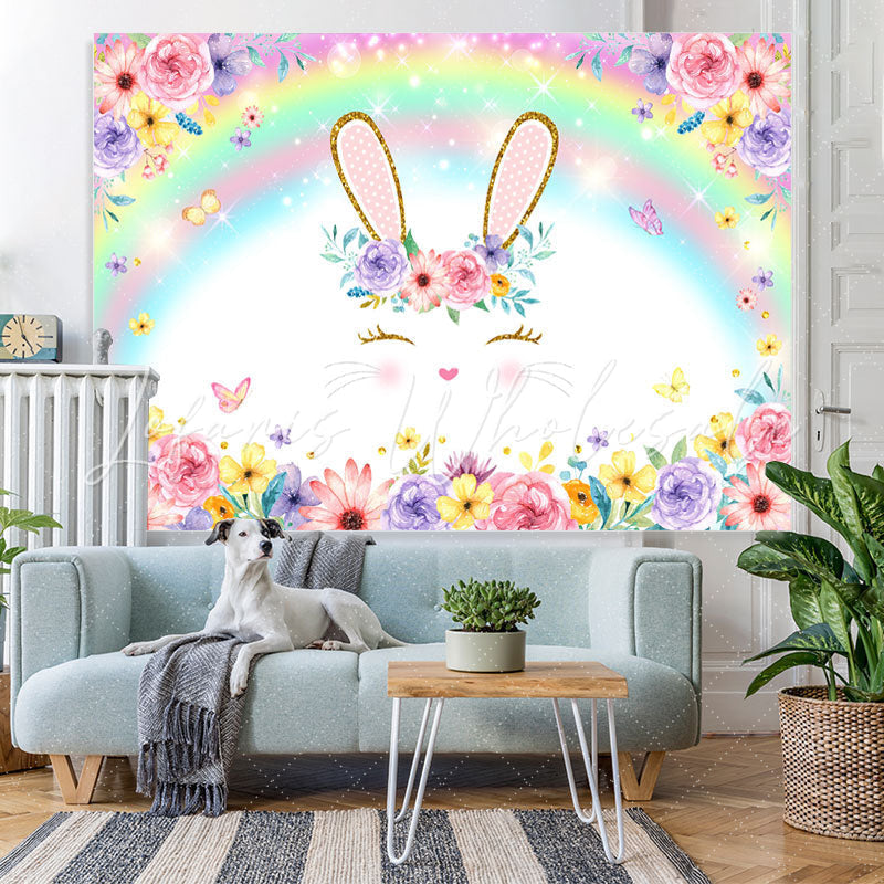 Lofaris Bunny And Colored Rainbow Floral Baby Shower Backdrop