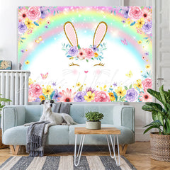 Lofaris Bunny And Colored Rainbow Floral Baby Shower Backdrop