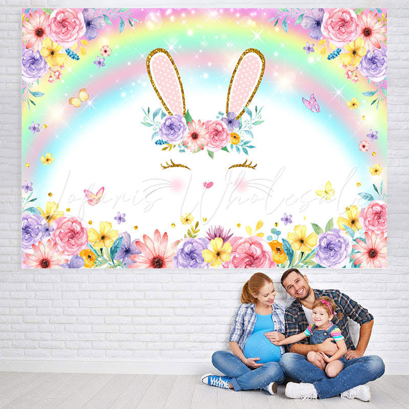 Lofaris Bunny And Colored Rainbow Floral Baby Shower Backdrop