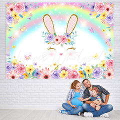 Lofaris Bunny And Colored Rainbow Floral Baby Shower Backdrop