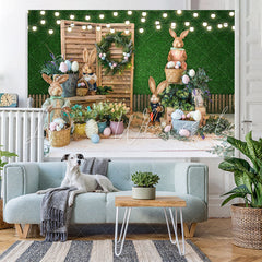 Lofaris Bunny And Green Leaves With Wooden Door Backdrop