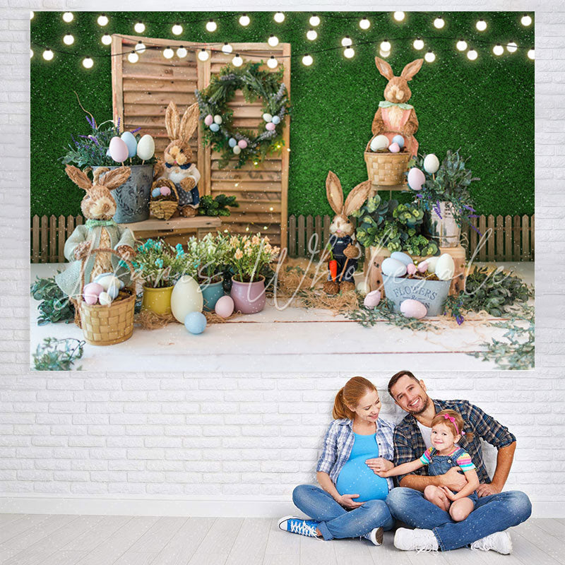 Lofaris Bunny And Green Leaves With Wooden Door Backdrop