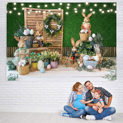 Lofaris Bunny And Green Leaves With Wooden Door Backdrop