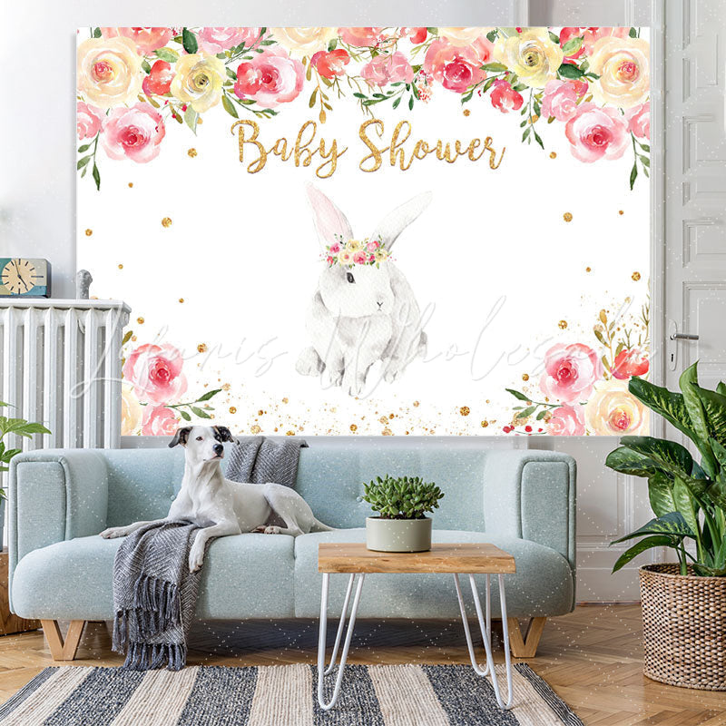 Lofaris Bunny And Pink With White Floral Baby Shower Backdrop