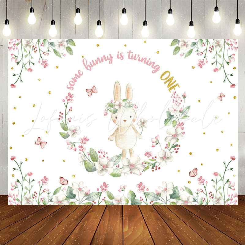 Lofaris Bunny Circle Flowers White 1st Birthday Backdrop