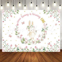 Lofaris Bunny Circle Flowers White 1st Birthday Backdrop