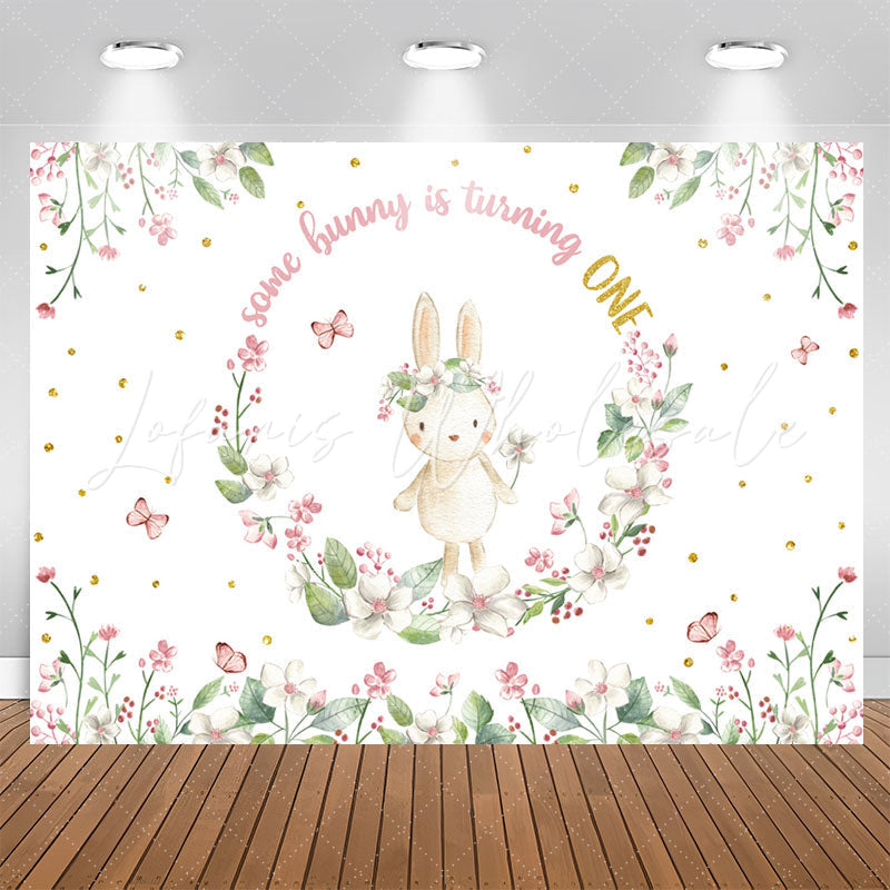 Lofaris Bunny Circle Flowers White 1st Birthday Backdrop