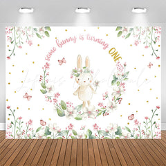 Lofaris Bunny Circle Flowers White 1st Birthday Backdrop
