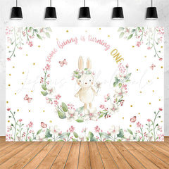 Lofaris Bunny Circle Flowers White 1st Birthday Backdrop