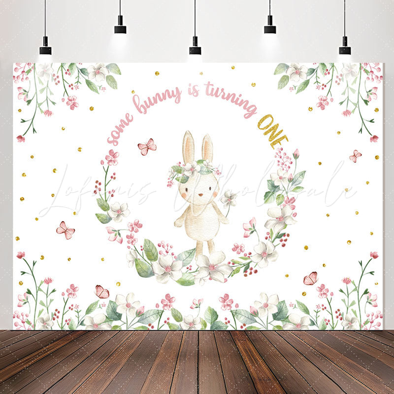 Lofaris Bunny Circle Flowers White 1st Birthday Backdrop