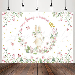 Lofaris Bunny Circle Flowers White 1st Birthday Backdrop