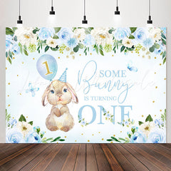 Lofaris Bunny Turning One Blue Floral 1st Birthday Backdrop