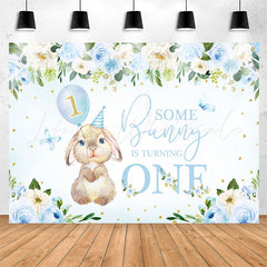 Lofaris Bunny Turning One Blue Floral 1st Birthday Backdrop