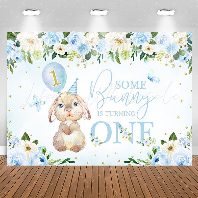 Lofaris Bunny Turning One Blue Floral 1st Birthday Backdrop