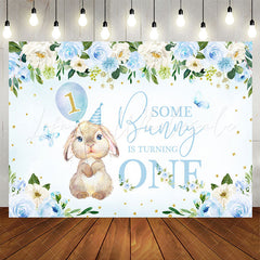 Lofaris Bunny Turning One Blue Floral 1st Birthday Backdrop