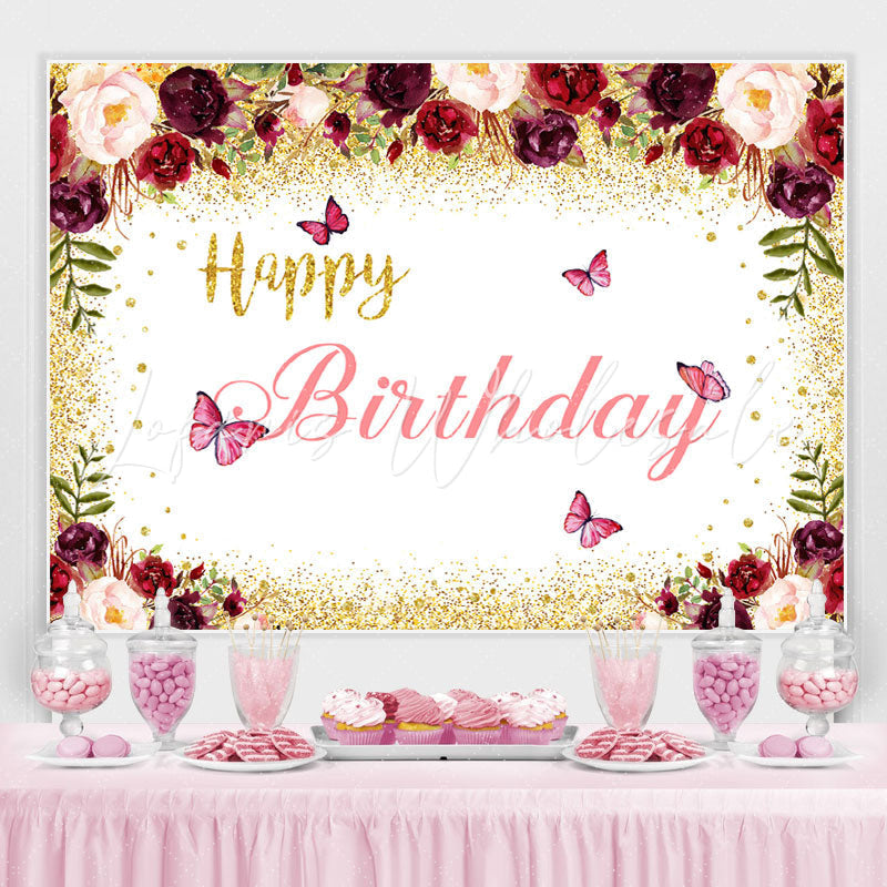 Lofaris Burgundy And Gold Floral Butterfuly Birthday Backdrop