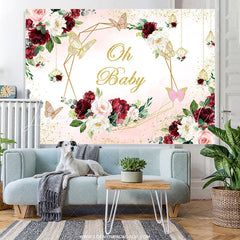 Lofaris Burgundy And Pink Flower Butterfly Baby Shower Backdrop