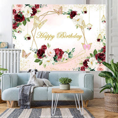 Lofaris Burgundy And Pink Flower Butterfly Birthday Backdrop
