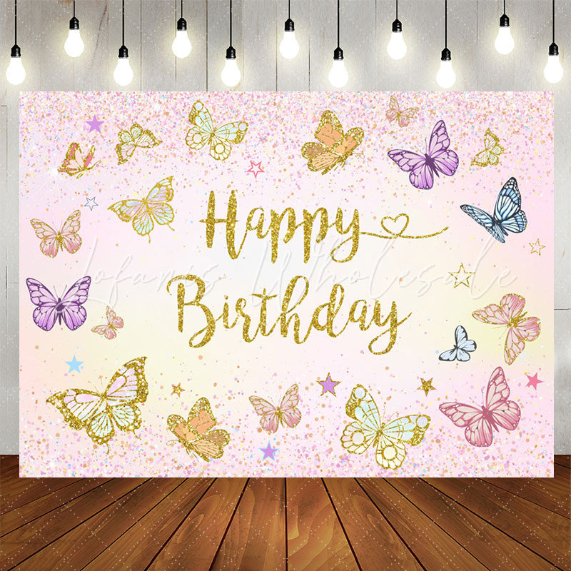 Lofaris Butterflies Glitter Pink Happy Birthday Backdrop