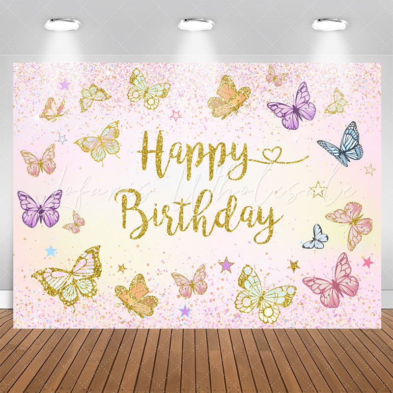 Lofaris Butterflies Glitter Pink Happy Birthday Backdrop